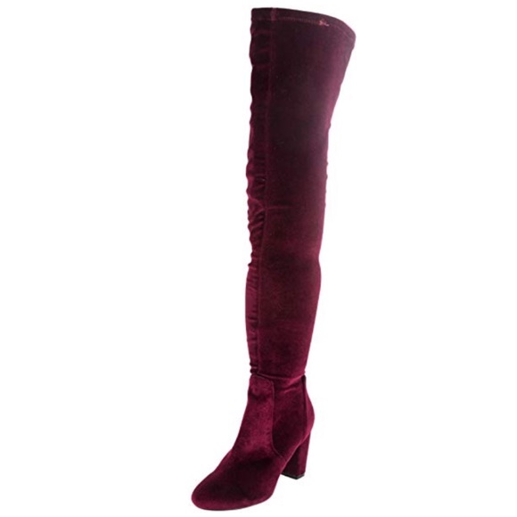 Burgundy Wine Velvet Block Heel Over The Knee Boot - Picture 4 of 5